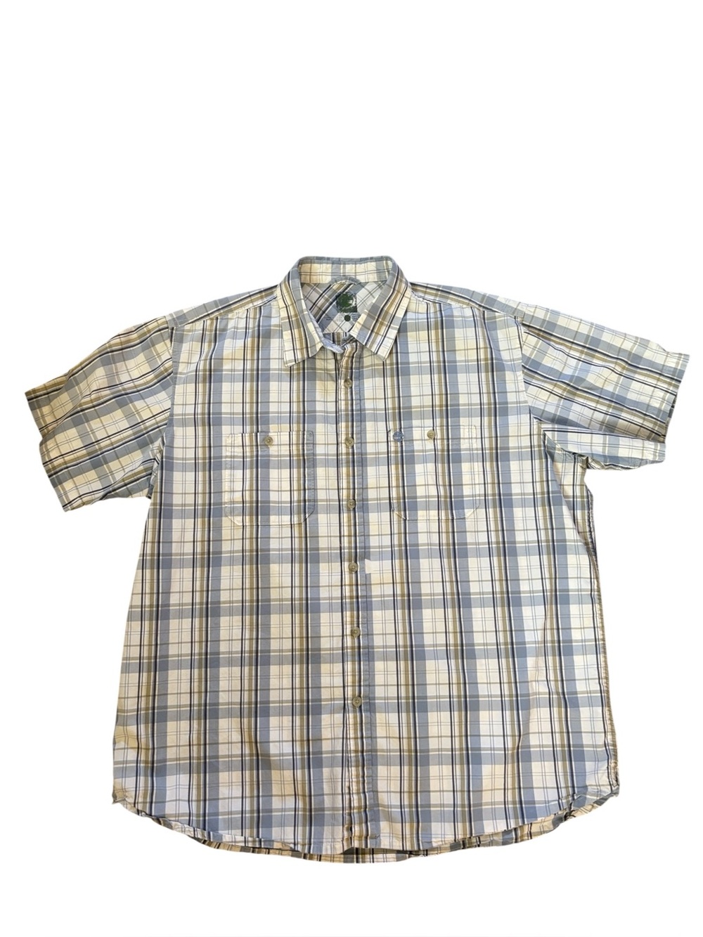 Timberland Plaid Blue Tan White Short Sleeve Button Down Cotton Shirt Size XL